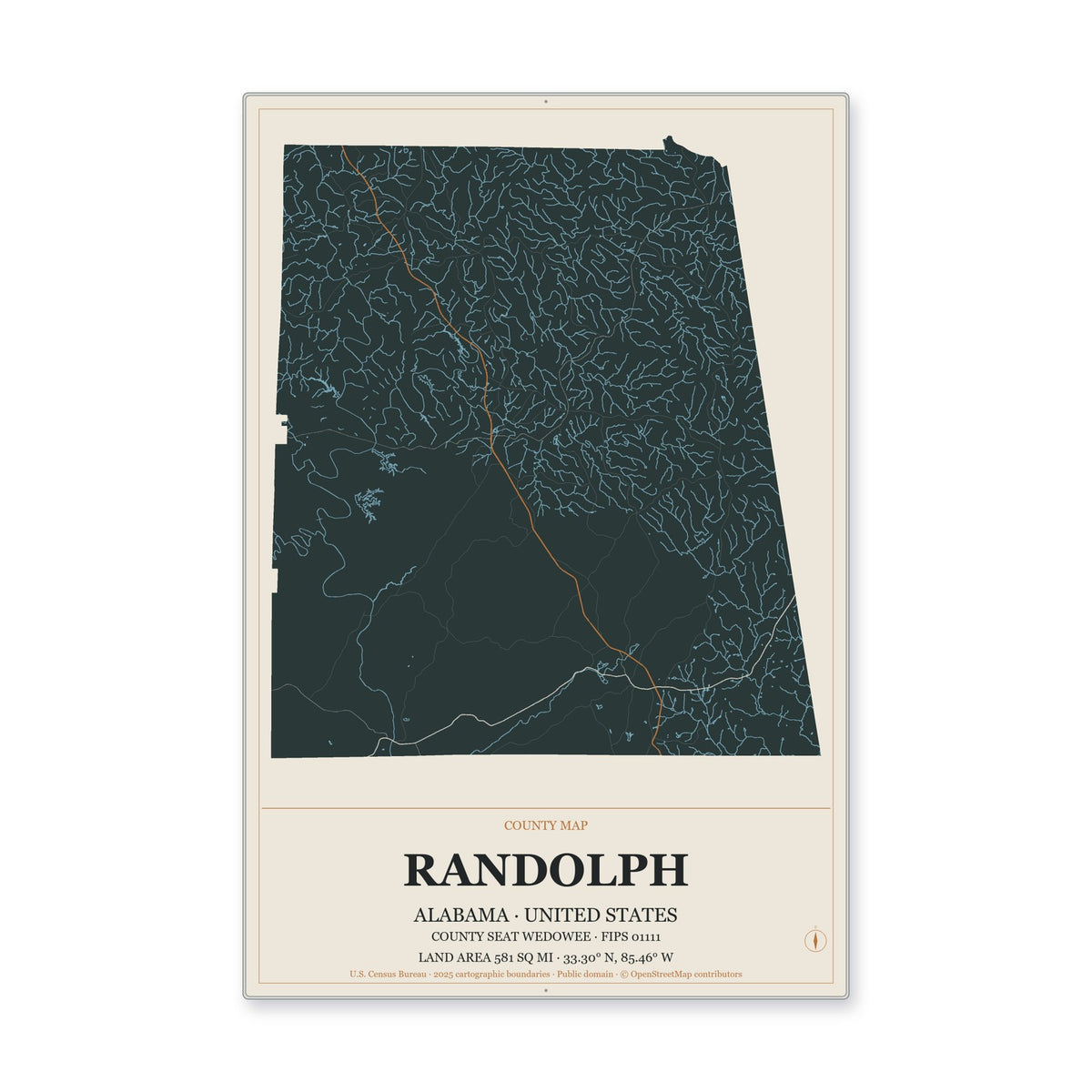 Randolph County, Alabama Map Aluminum Sign in Headline Atlas style