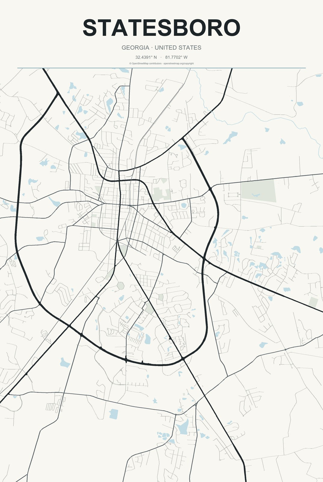 Statesboro, Georgia City Map Aluminum Sign in Headline Atlas style