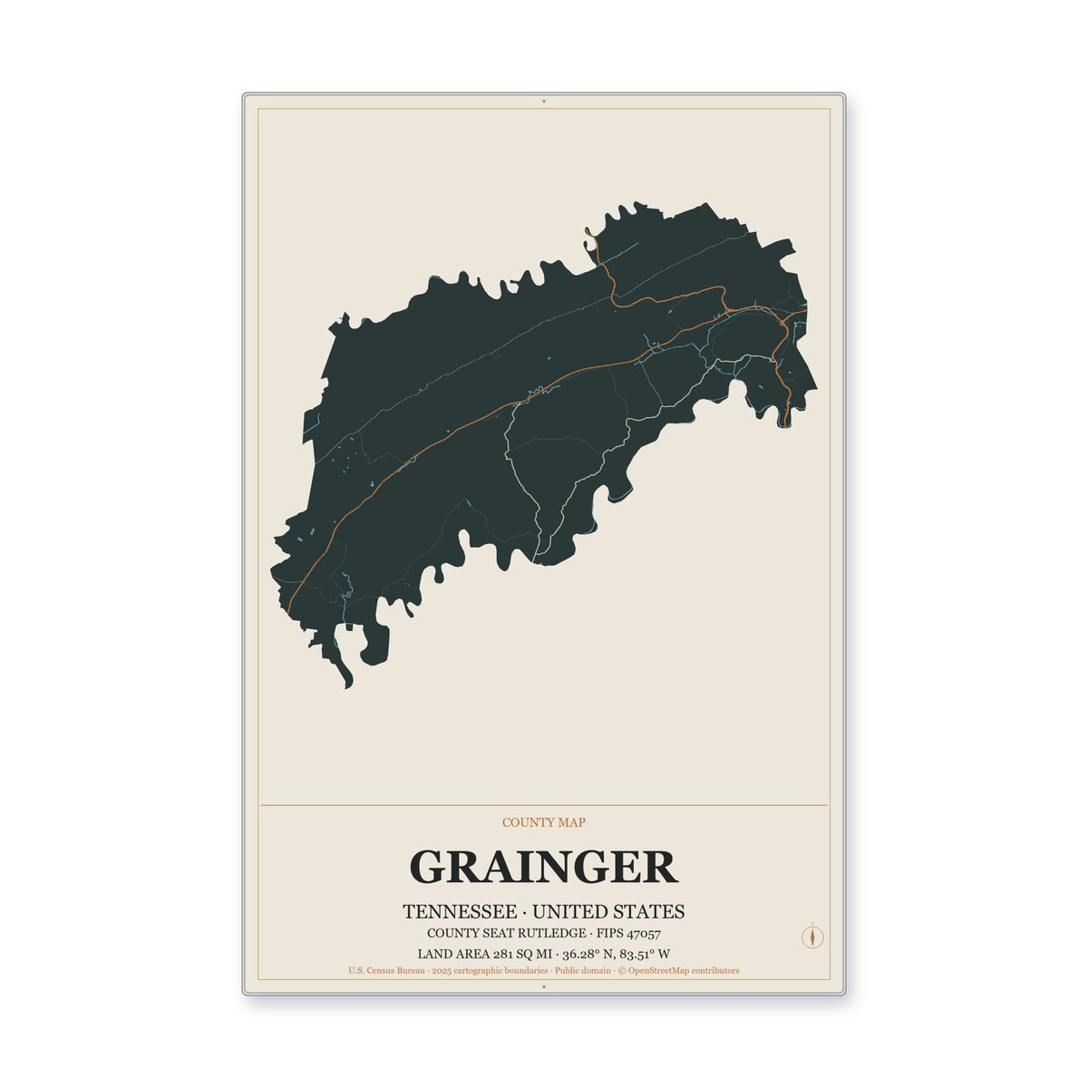 Grainger County, Tennessee Map Aluminum Sign in Headline Atlas style