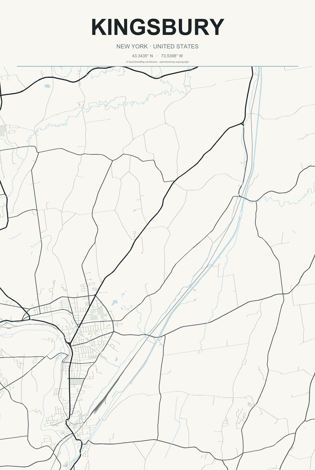 Kingsbury, New York City Map Aluminum Sign in Headline Atlas style
