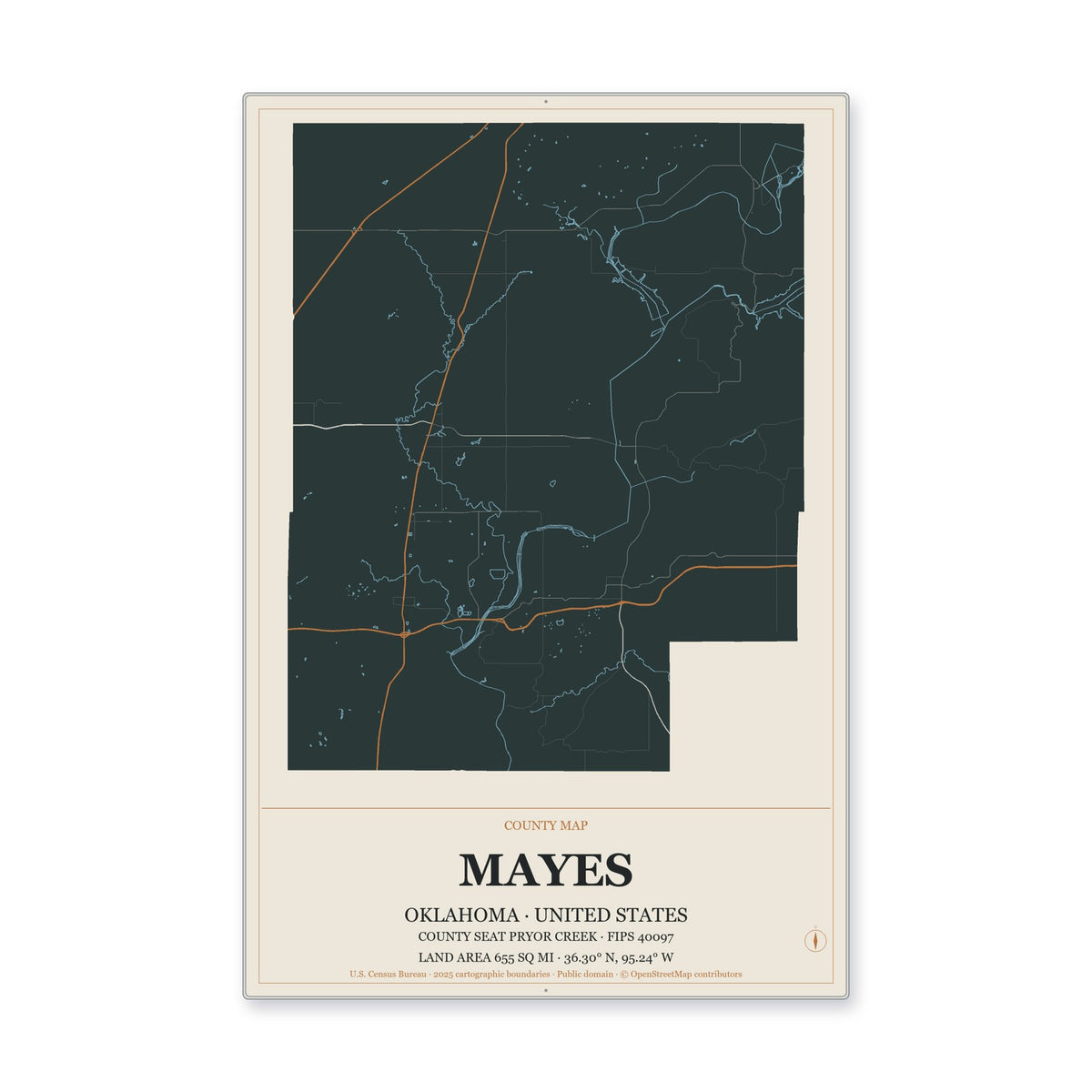 Mayes County, Oklahoma Map Aluminum Sign in Headline Atlas style