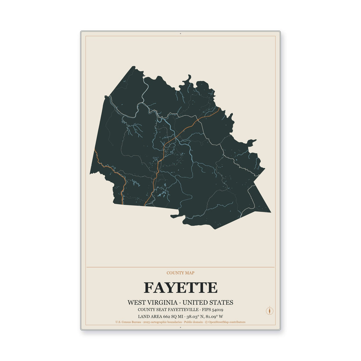 Fayette County, West Virginia Map Aluminum Sign in Headline Atlas style