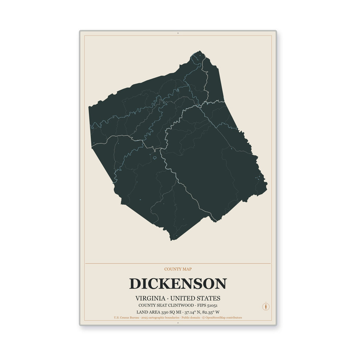 Dickenson County, Virginia Map Aluminum Sign in Headline Atlas style