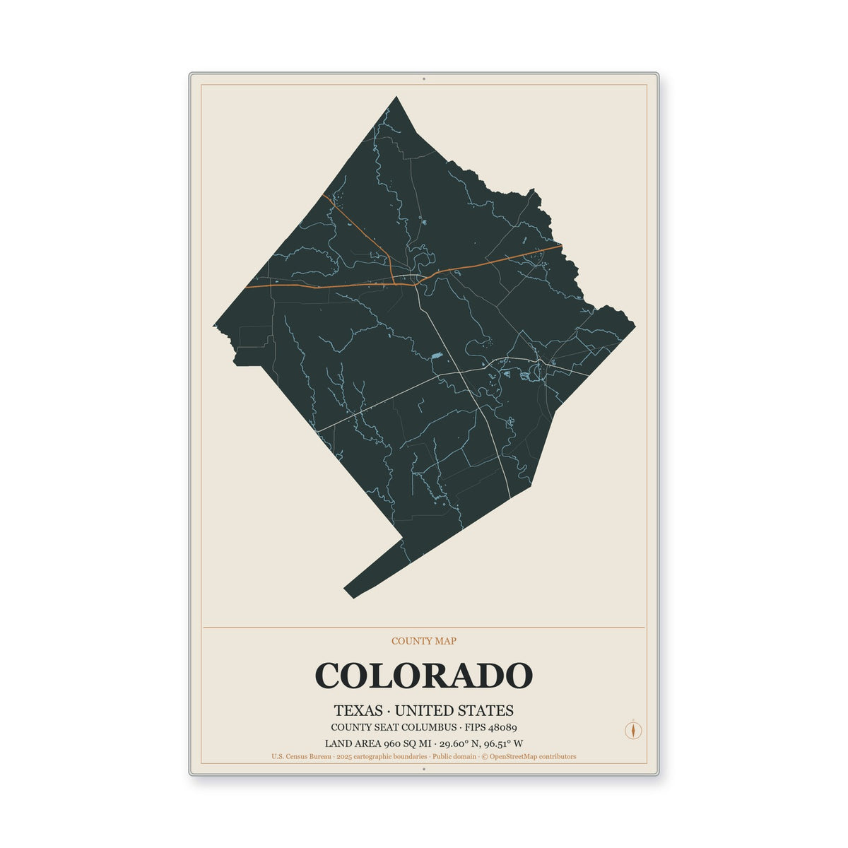 Colorado County, Texas Map Aluminum Sign in Headline Atlas style