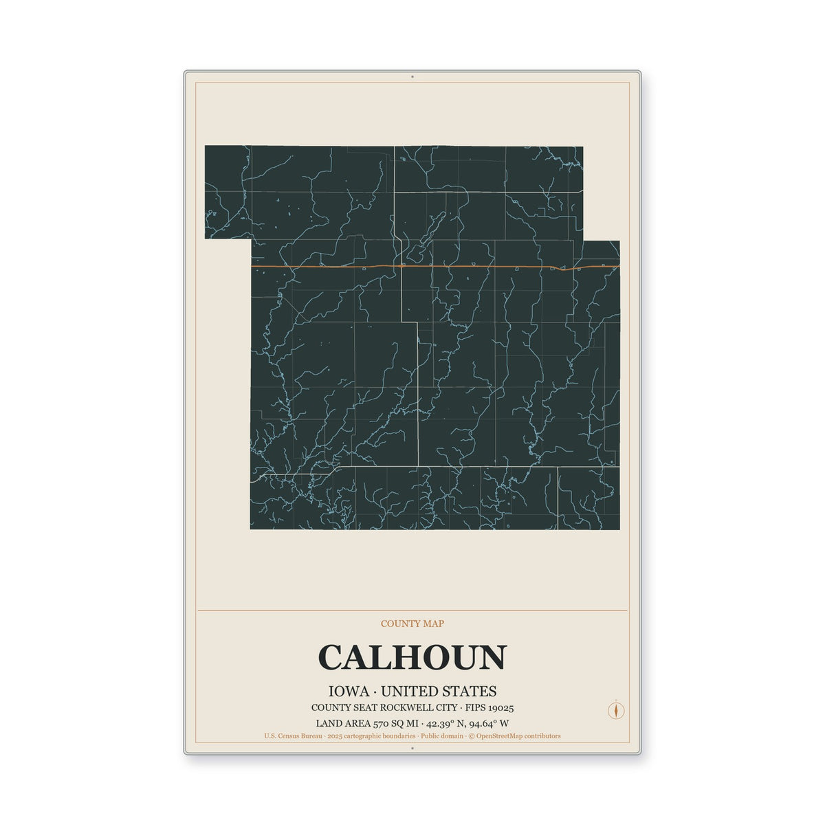 Calhoun County, Iowa Map Aluminum Sign in Headline Atlas style