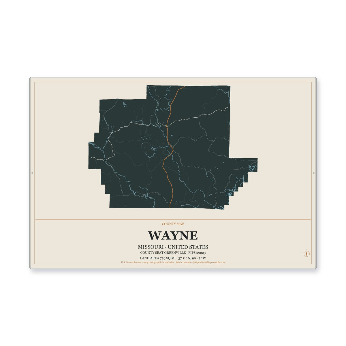Wayne County, Missouri Map Aluminum Sign in Headline Atlas style