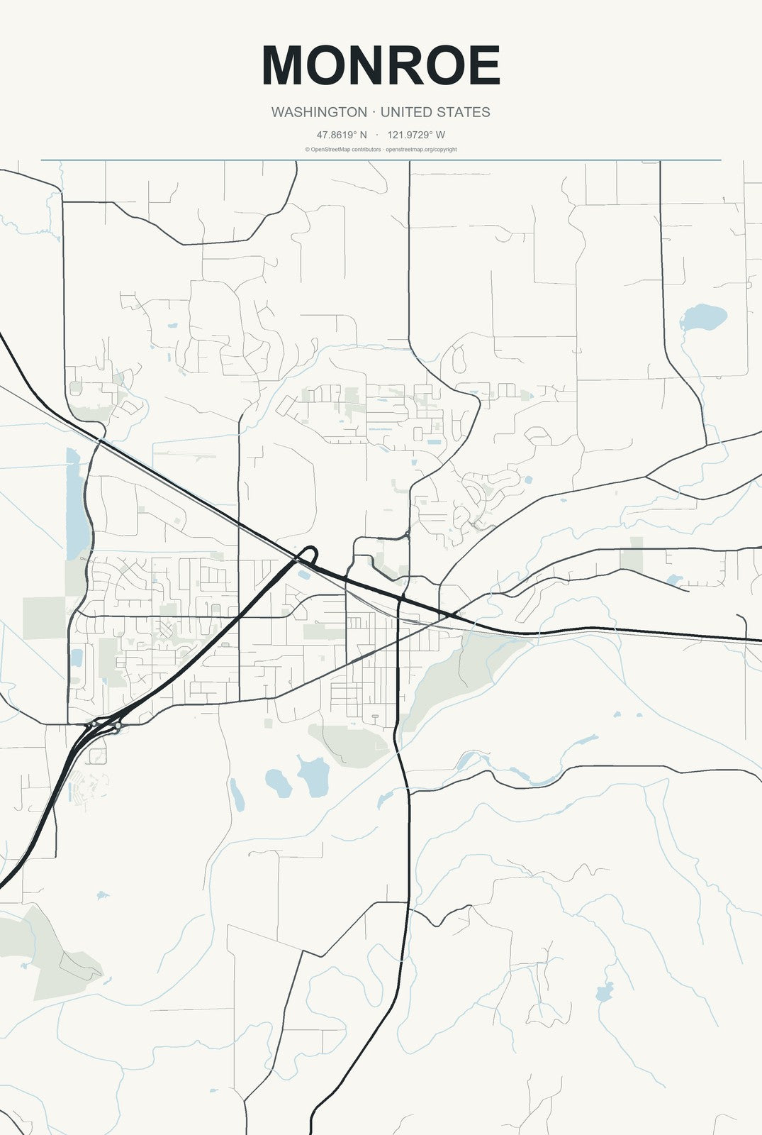 Monroe, Washington City Map Aluminum Sign in Headline Atlas style