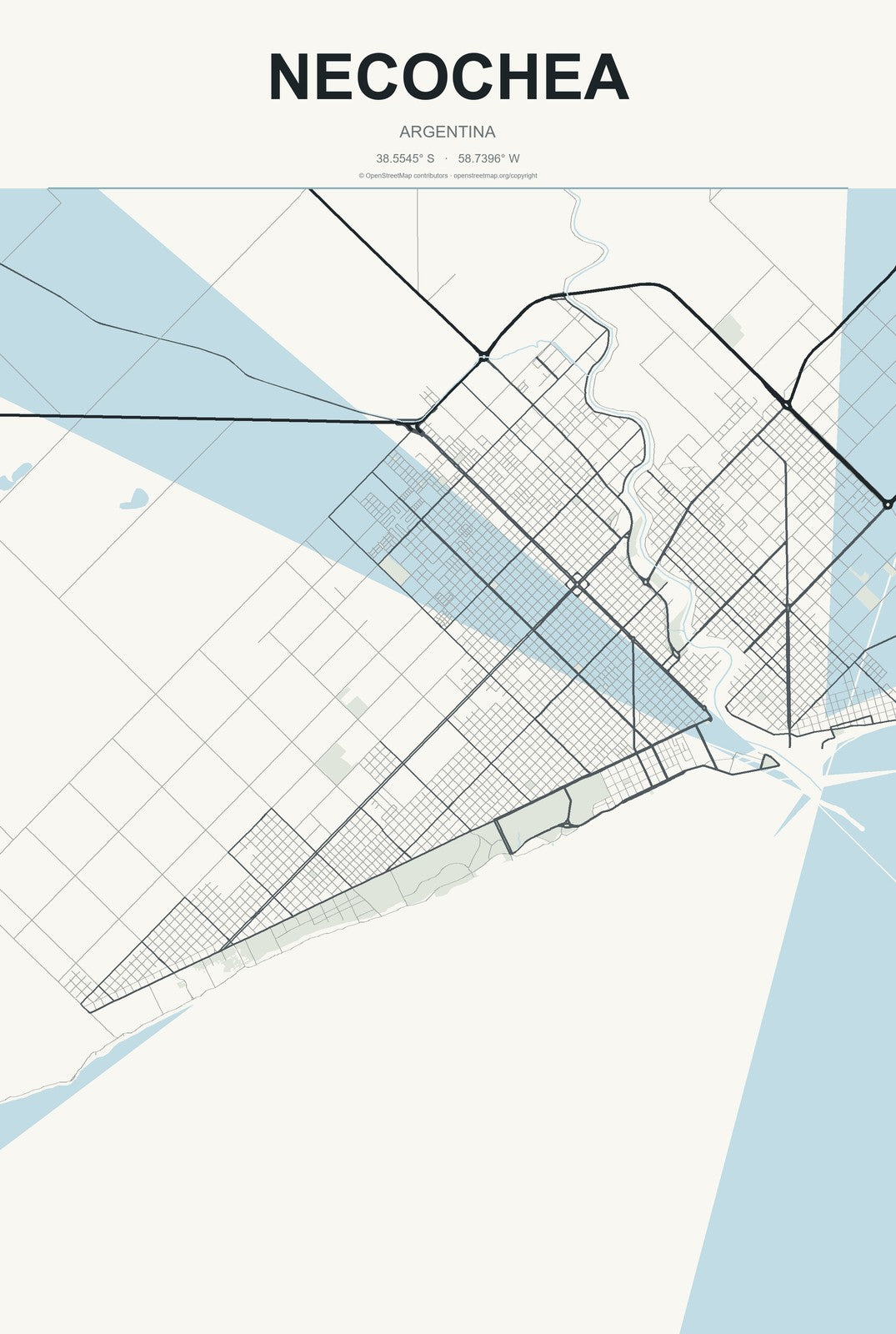 Necochea, Argentina City Map Aluminum Sign in Headline Atlas style