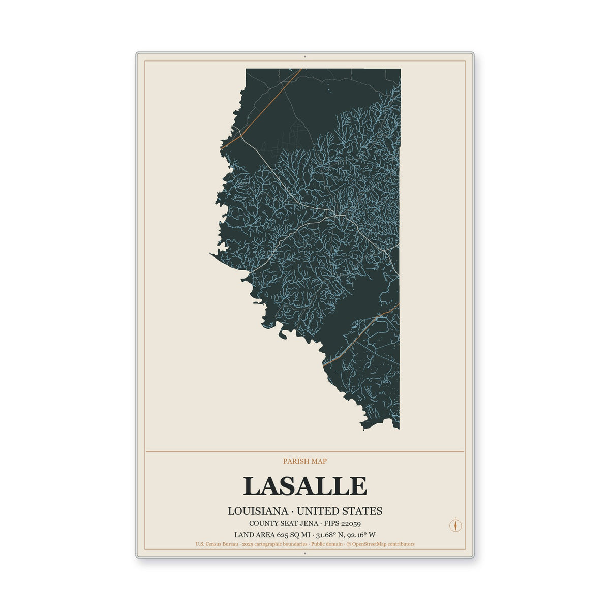 LaSalle Parish, Louisiana Map Aluminum Sign in Headline Atlas style