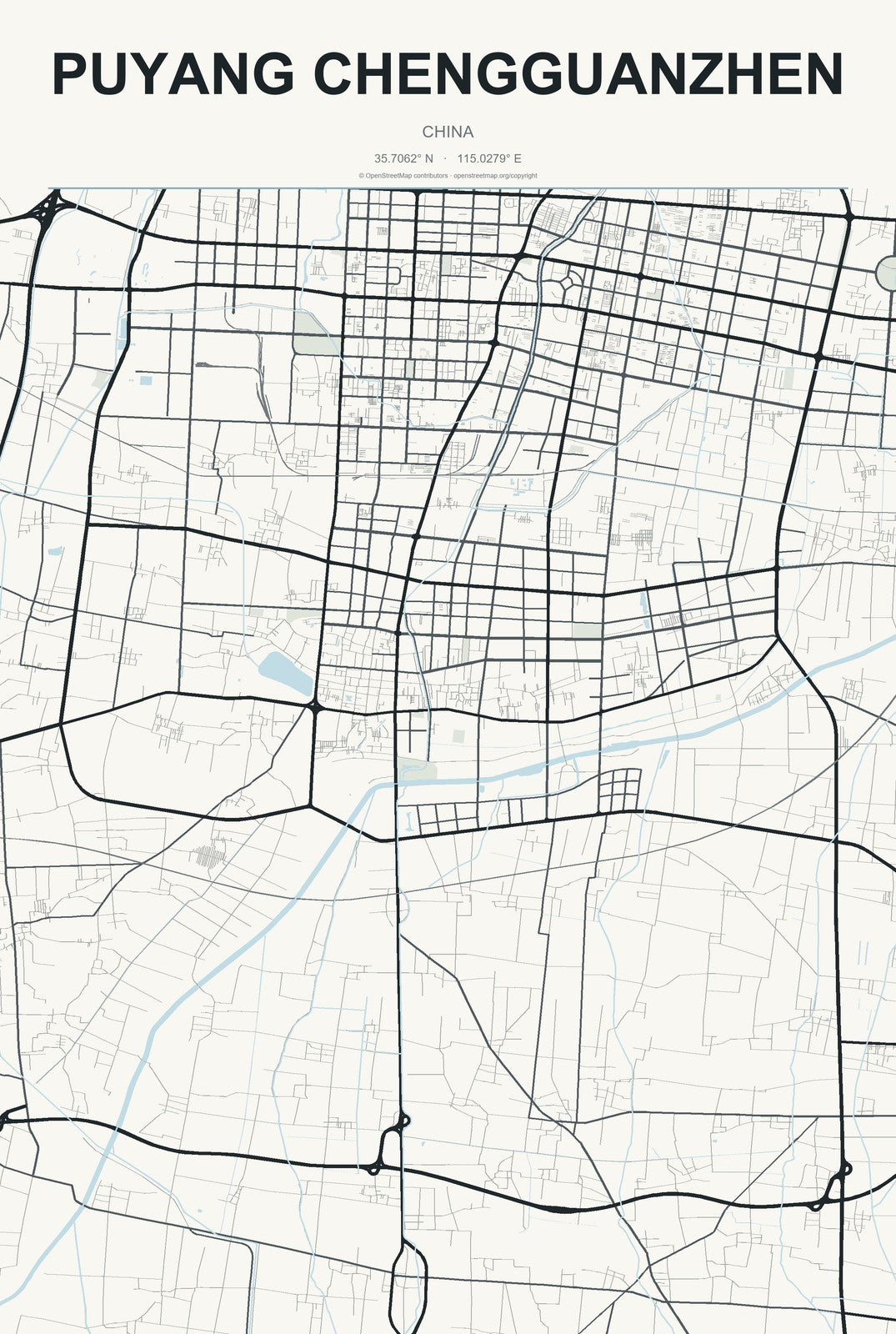 Puyang Chengguanzhen, China City Map Aluminum Sign in Headline Atlas style