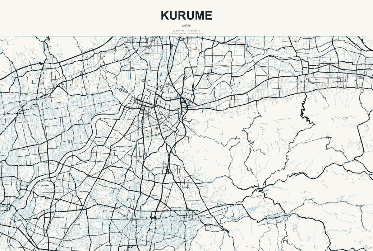 Kurume, Japan City Map Aluminum Sign in Headline Atlas style