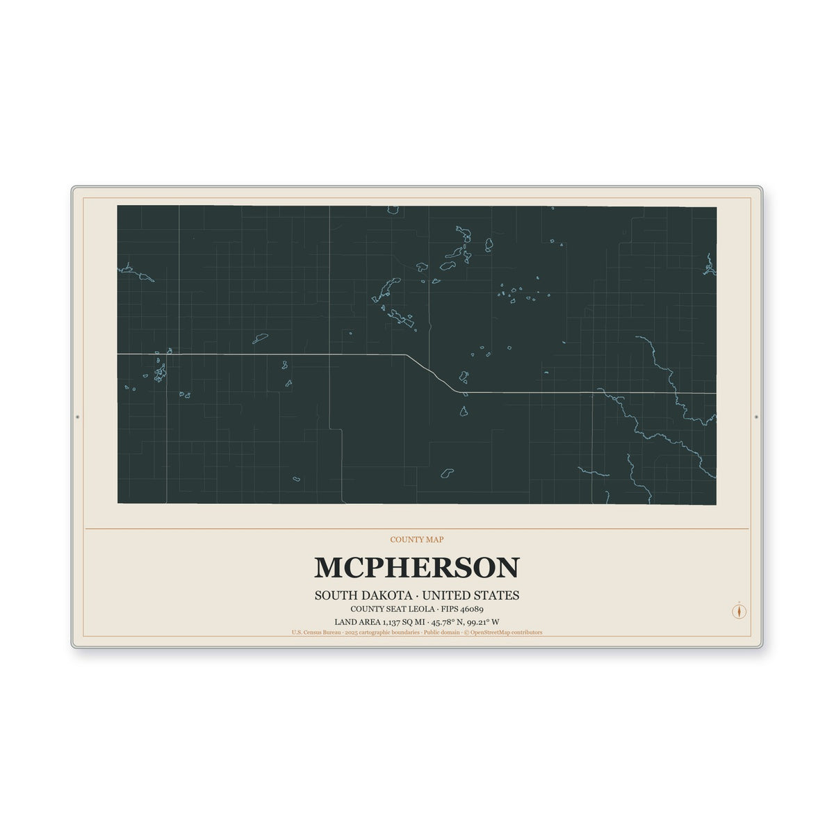 McPherson County, South Dakota Map Aluminum Sign in Headline Atlas style