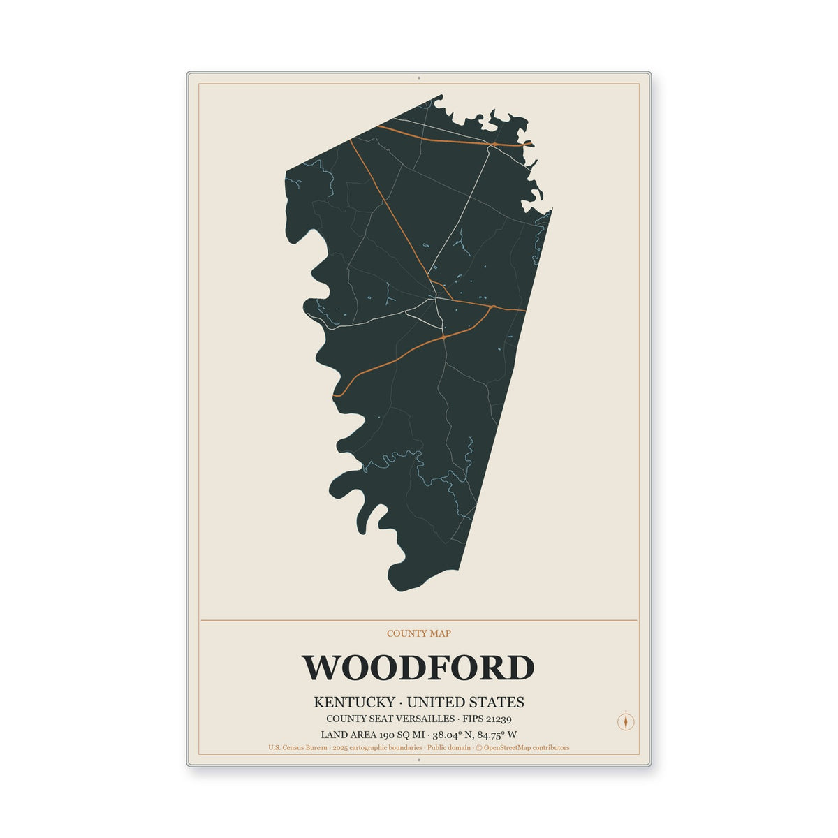 Woodford County, Kentucky Map Aluminum Sign in Headline Atlas style