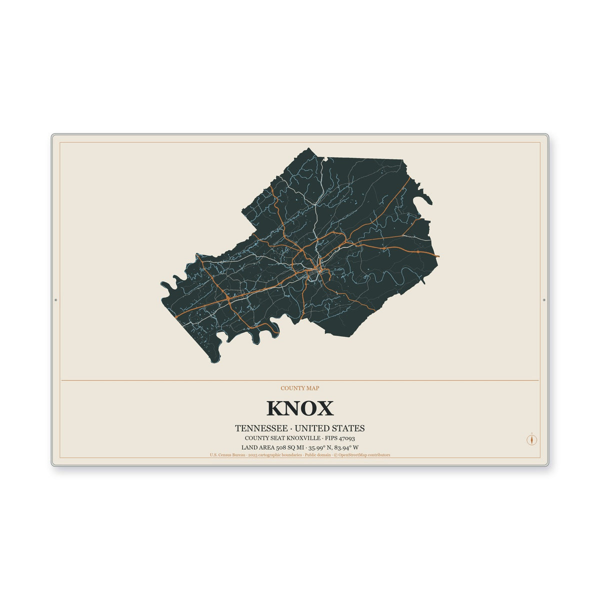 Knox County, Tennessee Map Aluminum Sign in Headline Atlas style