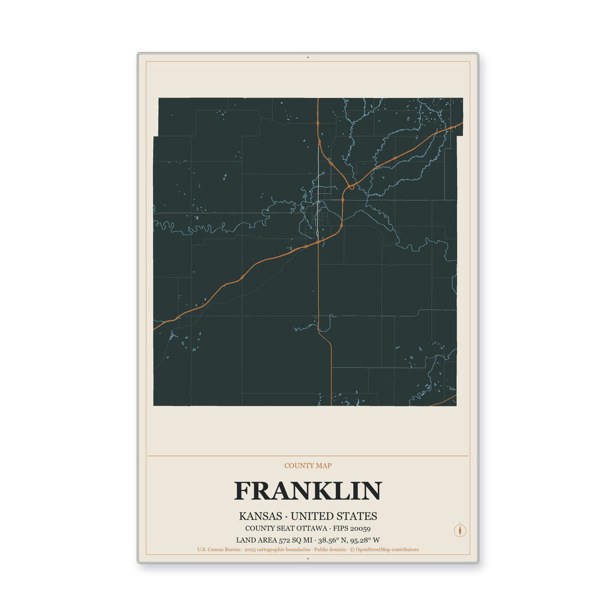 Franklin County, Kansas Map Aluminum Sign in Headline Atlas style