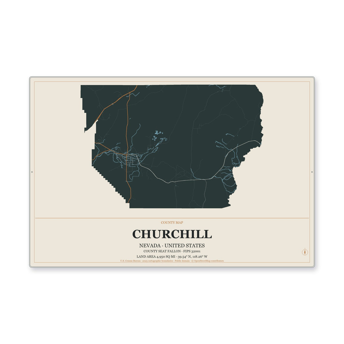 Churchill County, Nevada Map Aluminum Sign in Headline Atlas style