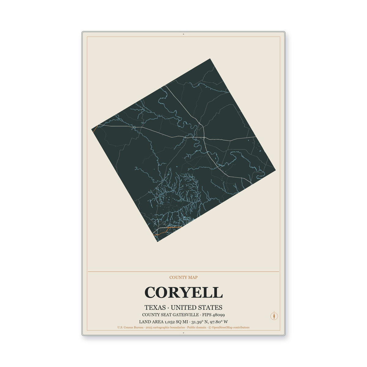 Coryell County, Texas Map Aluminum Sign in Headline Atlas style