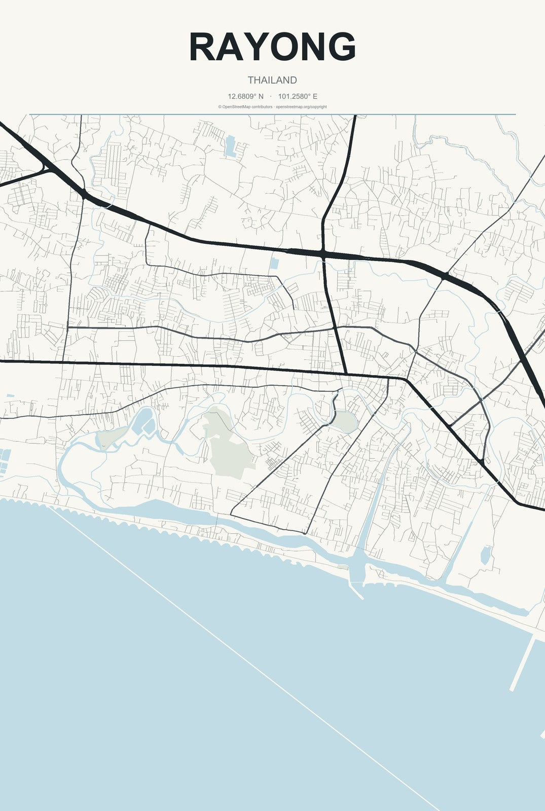 Rayong, Thailand City Map Aluminum Sign in Headline Atlas style
