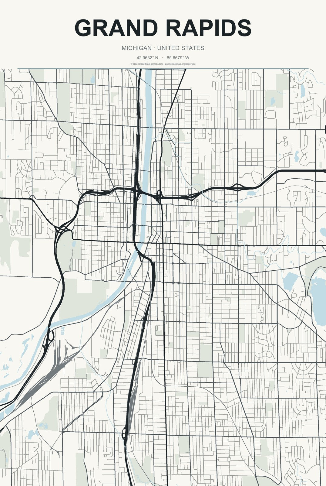Grand Rapids, Michigan City Map Aluminum Sign in Headline Atlas style