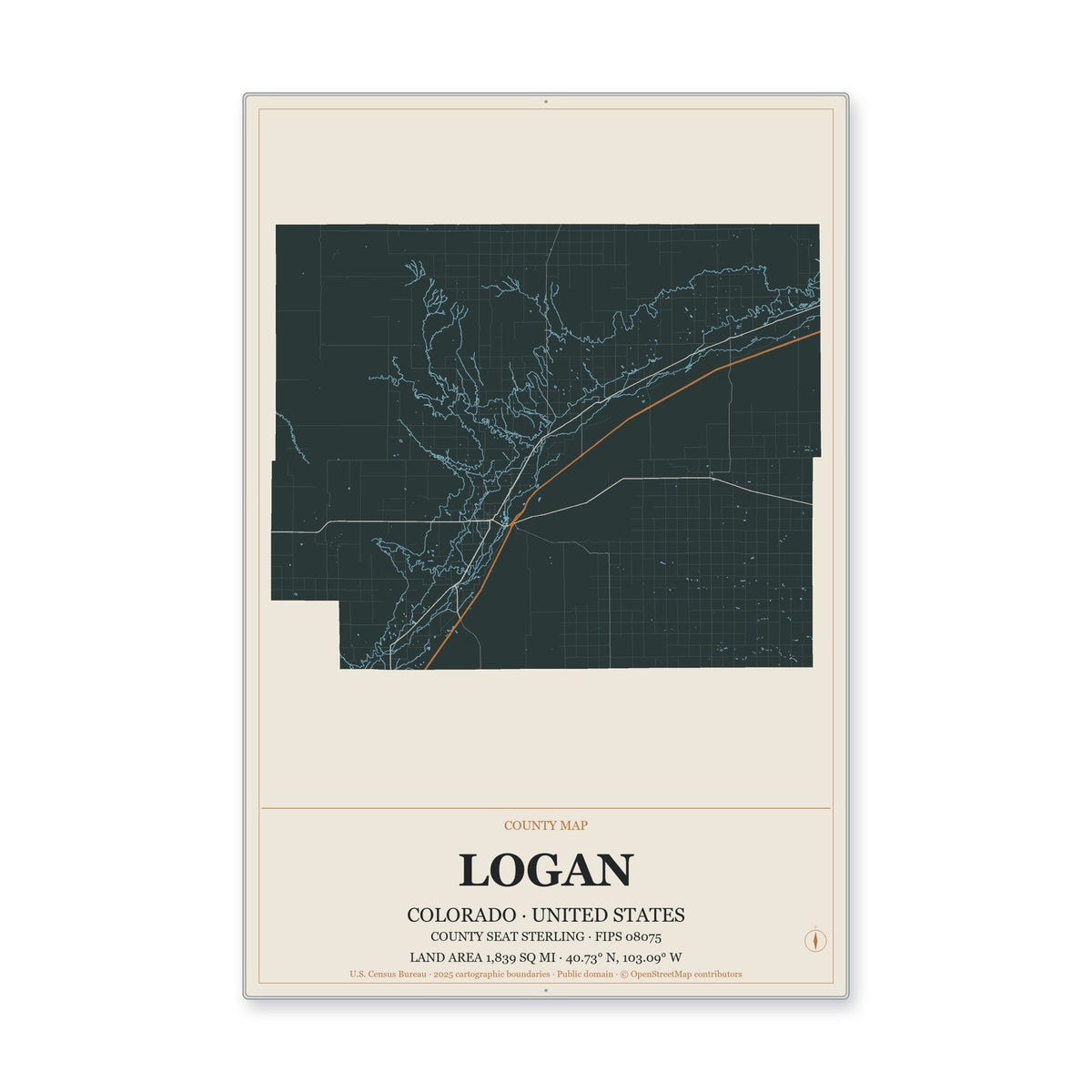 Logan County, Colorado Map Aluminum Sign in Headline Atlas style