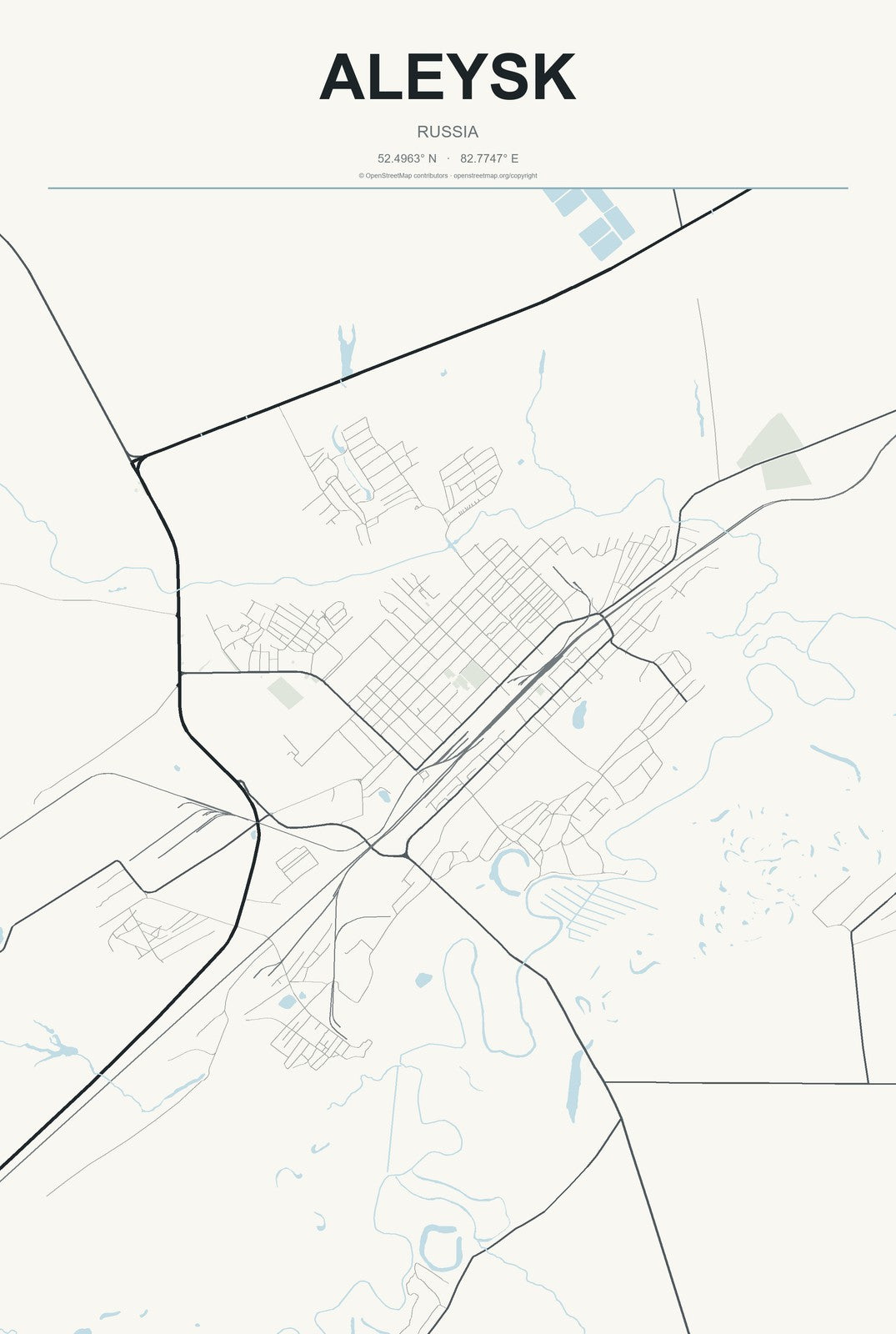 Aleysk, Russia City Map Aluminum Sign in Headline Atlas style