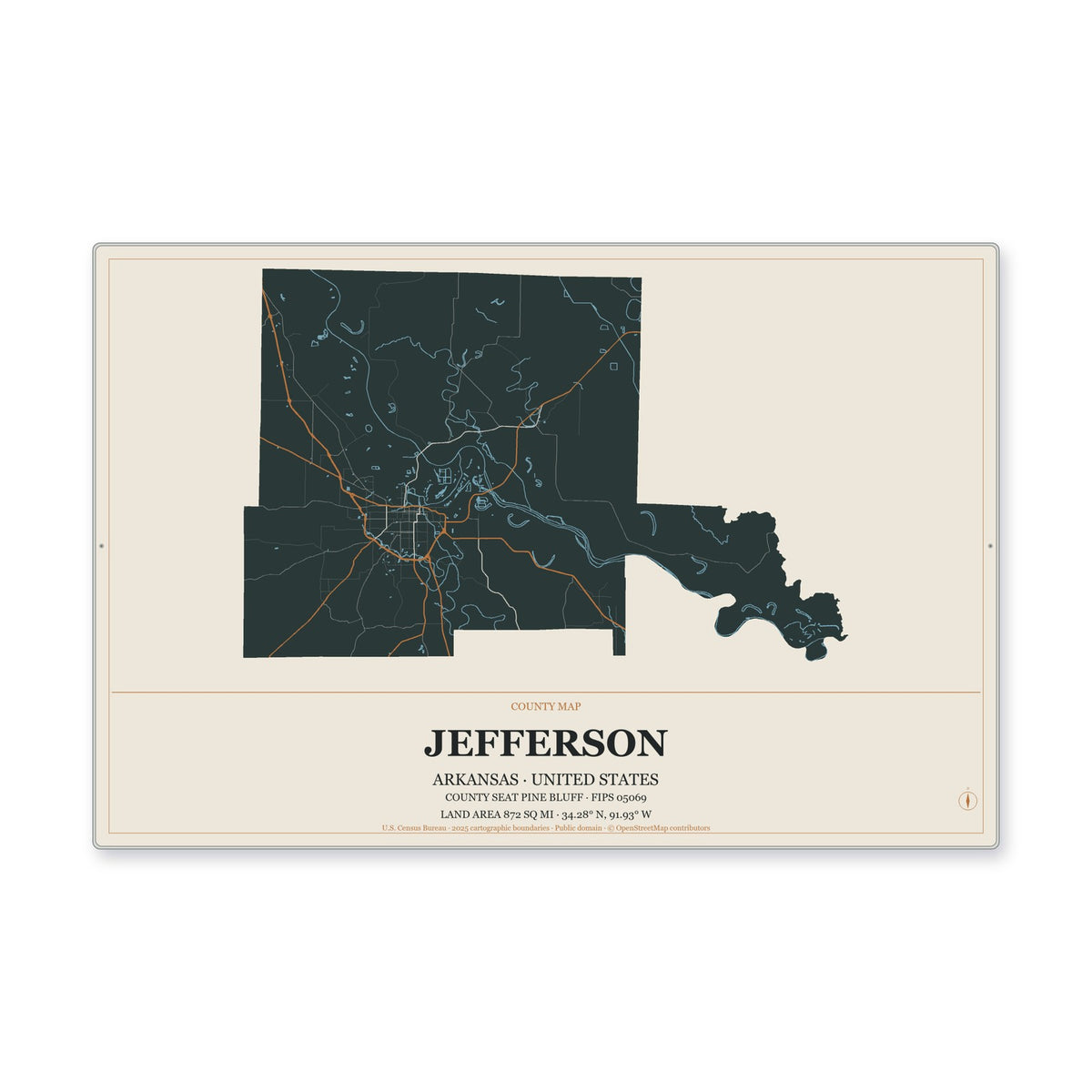 Jefferson County, Arkansas Map Aluminum Sign in Headline Atlas style