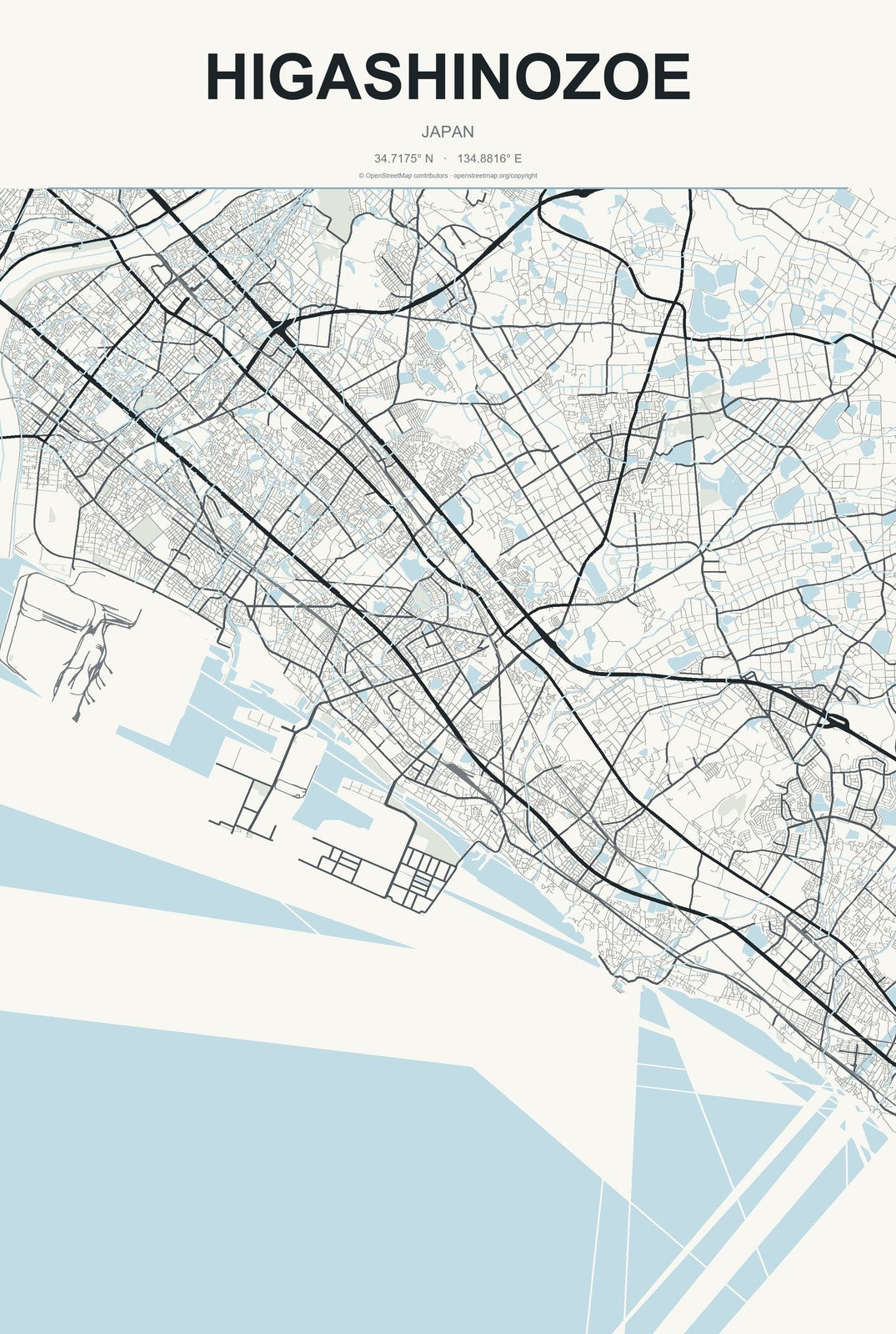 Higashinozoe, Japan City Map Aluminum Sign in Headline Atlas style