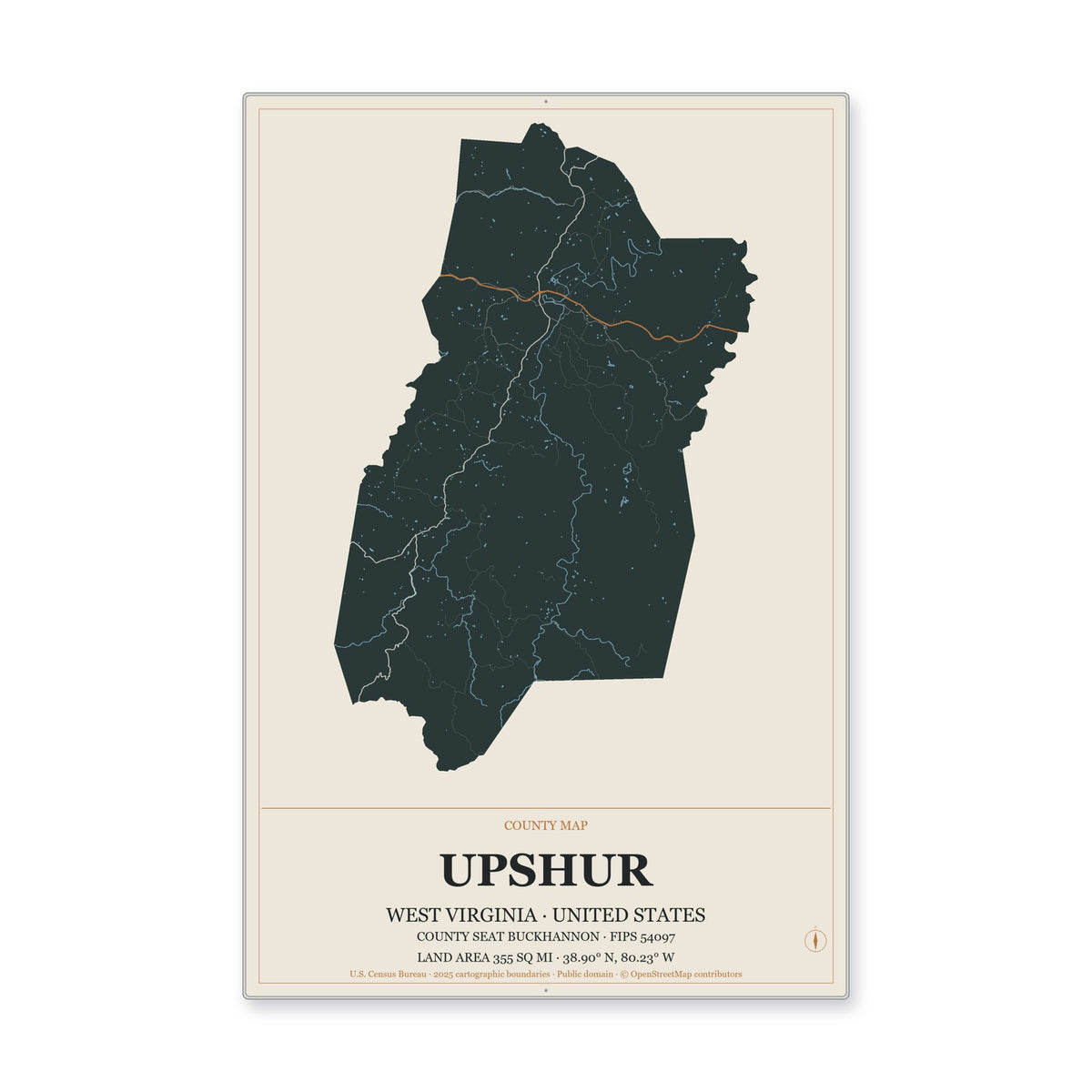 Upshur County, West Virginia Map Aluminum Sign in Headline Atlas style