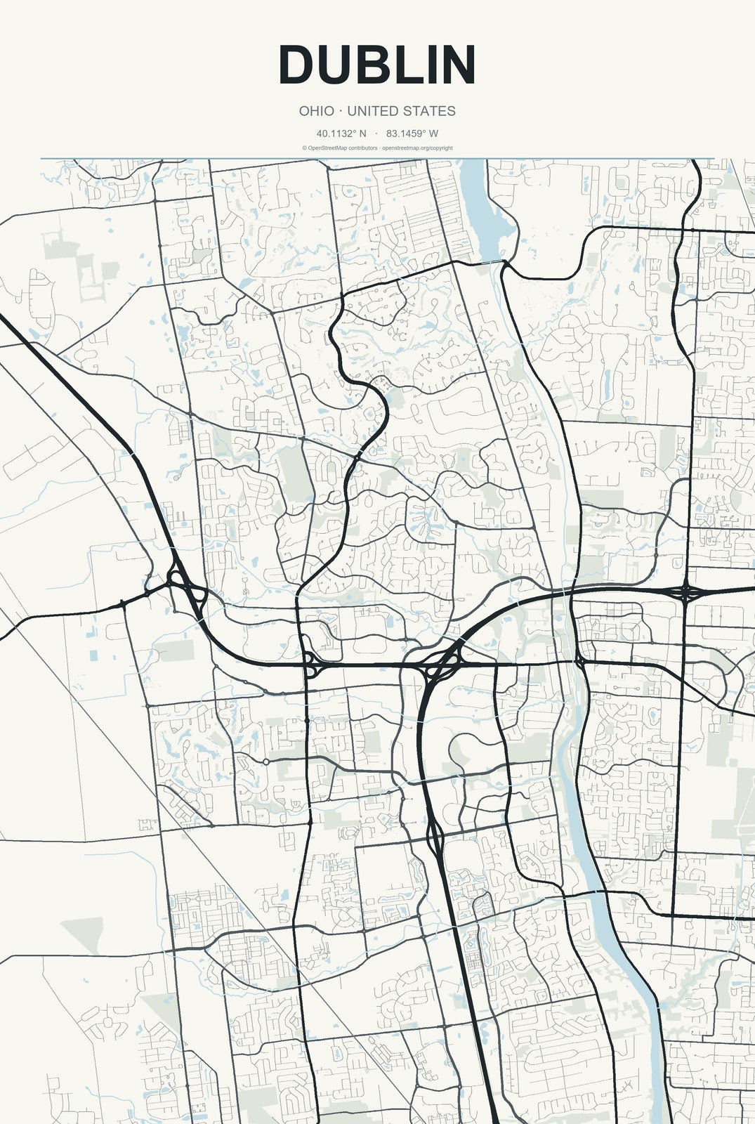Dublin, Ohio City Map Aluminum Sign in Headline Atlas style