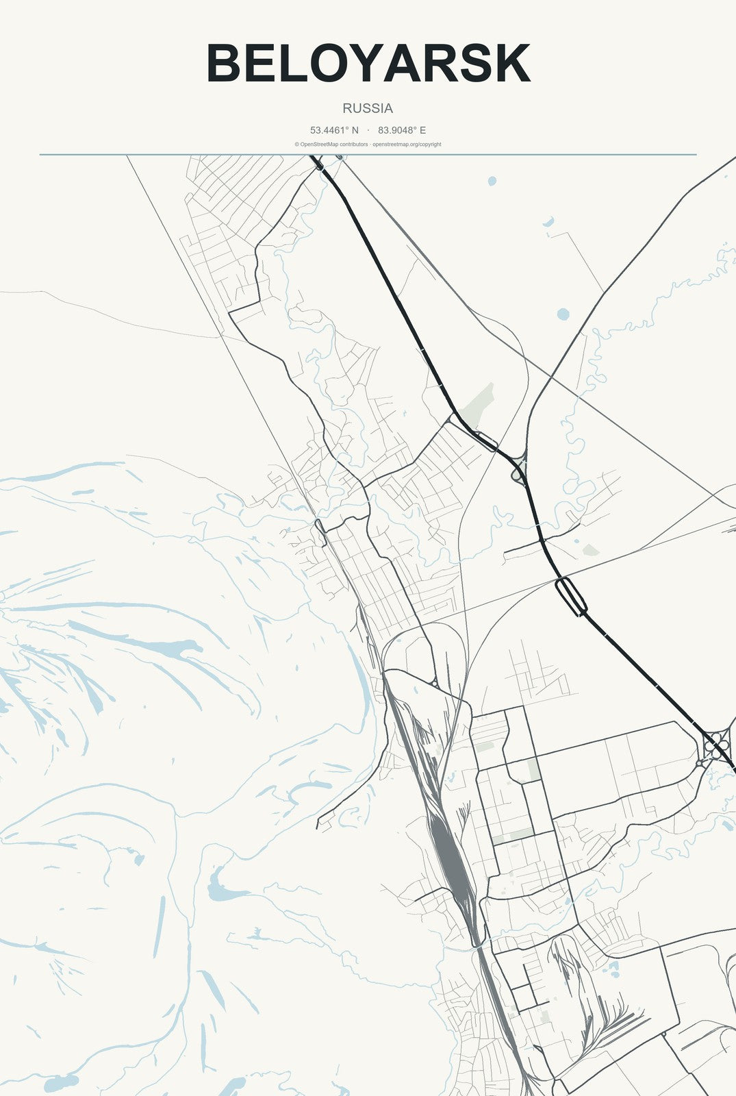 Beloyarsk, Russia City Map Aluminum Sign in Headline Atlas style