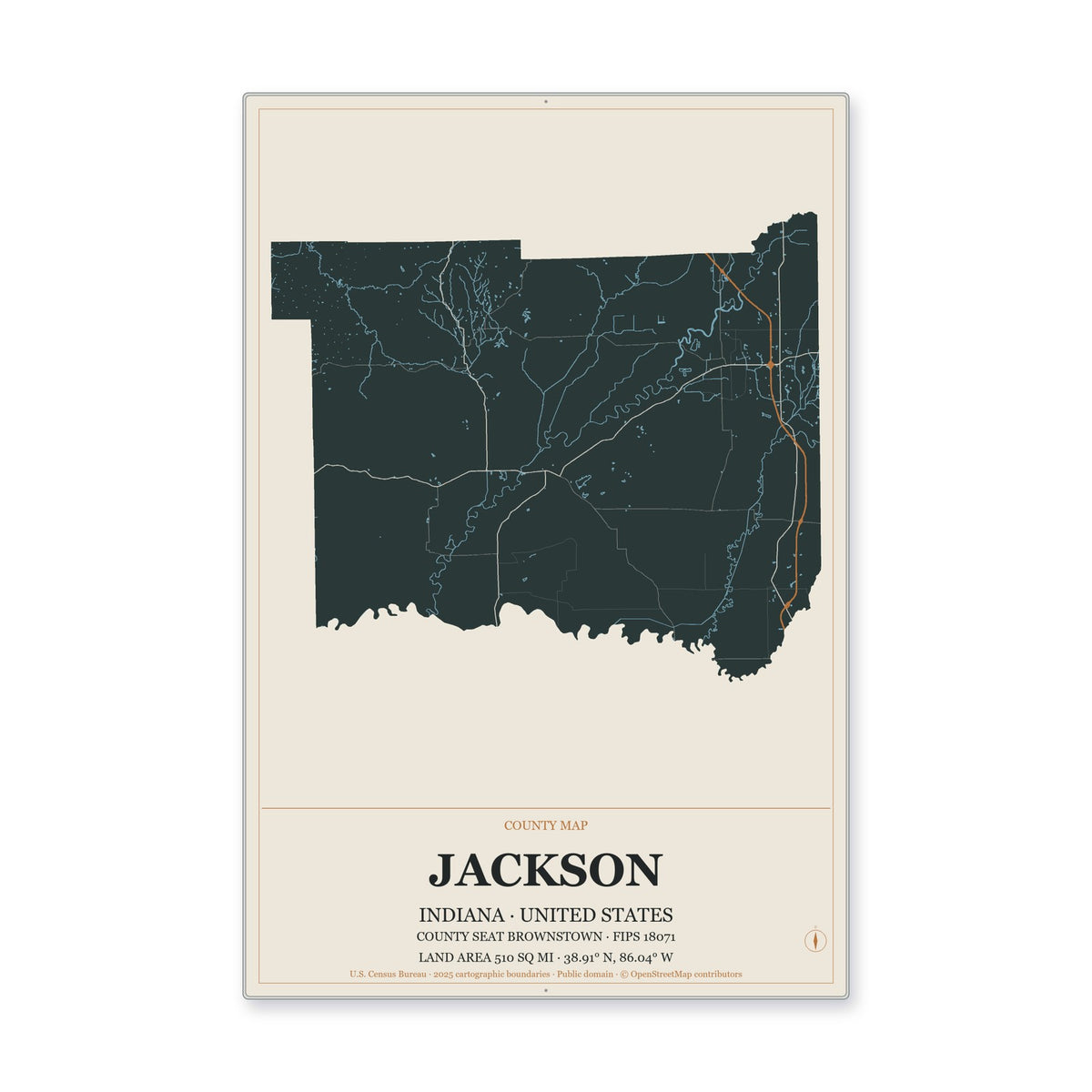 Jackson County, Indiana Map Aluminum Sign in Headline Atlas style
