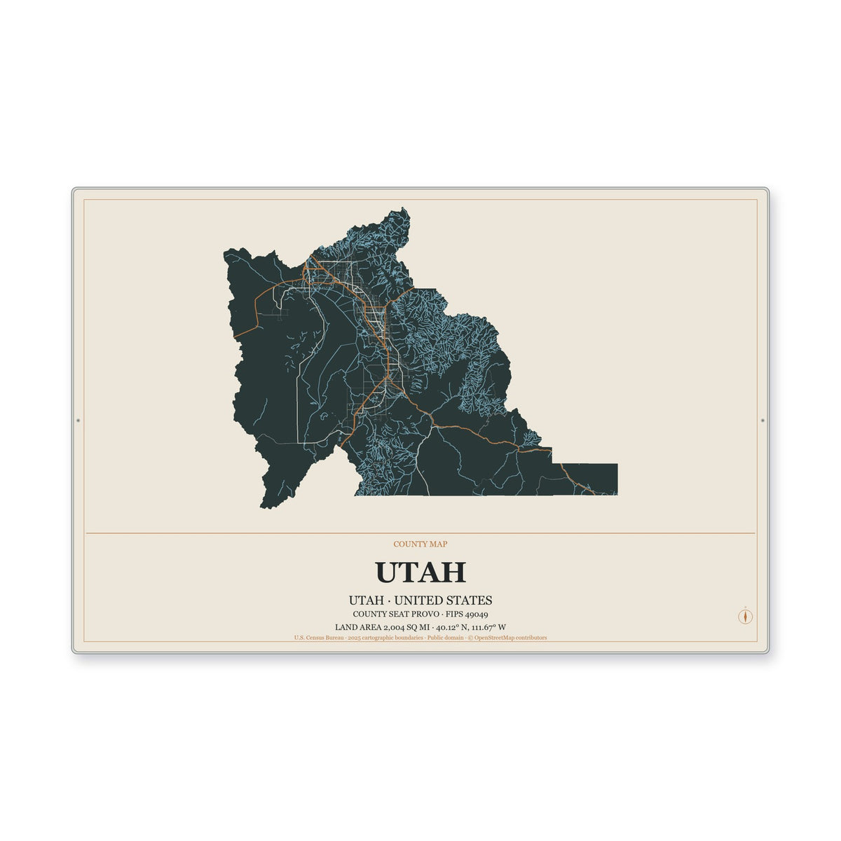 Utah County, Utah Map Aluminum Sign in Headline Atlas style
