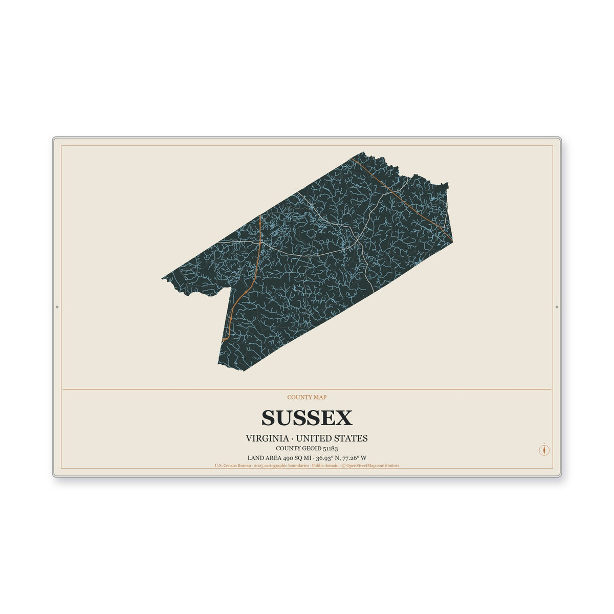 Sussex County, Virginia Map Aluminum Sign in Headline Atlas style