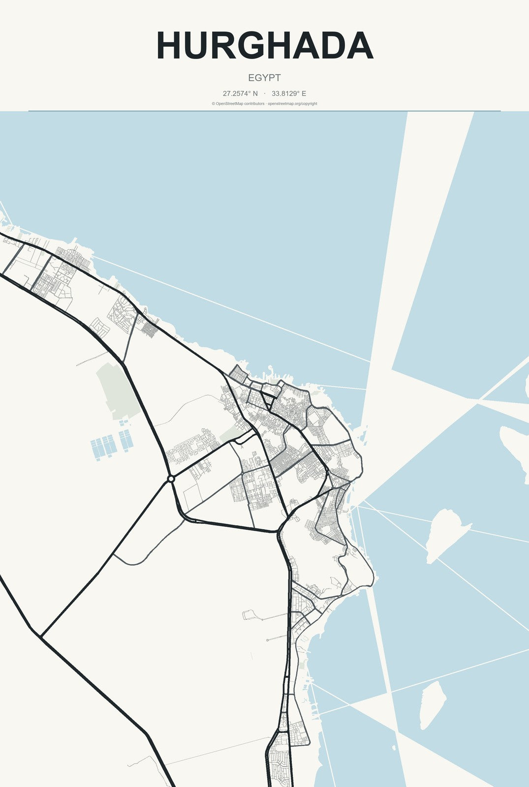 Hurghada, Egypt City Map Aluminum Sign in Headline Atlas style