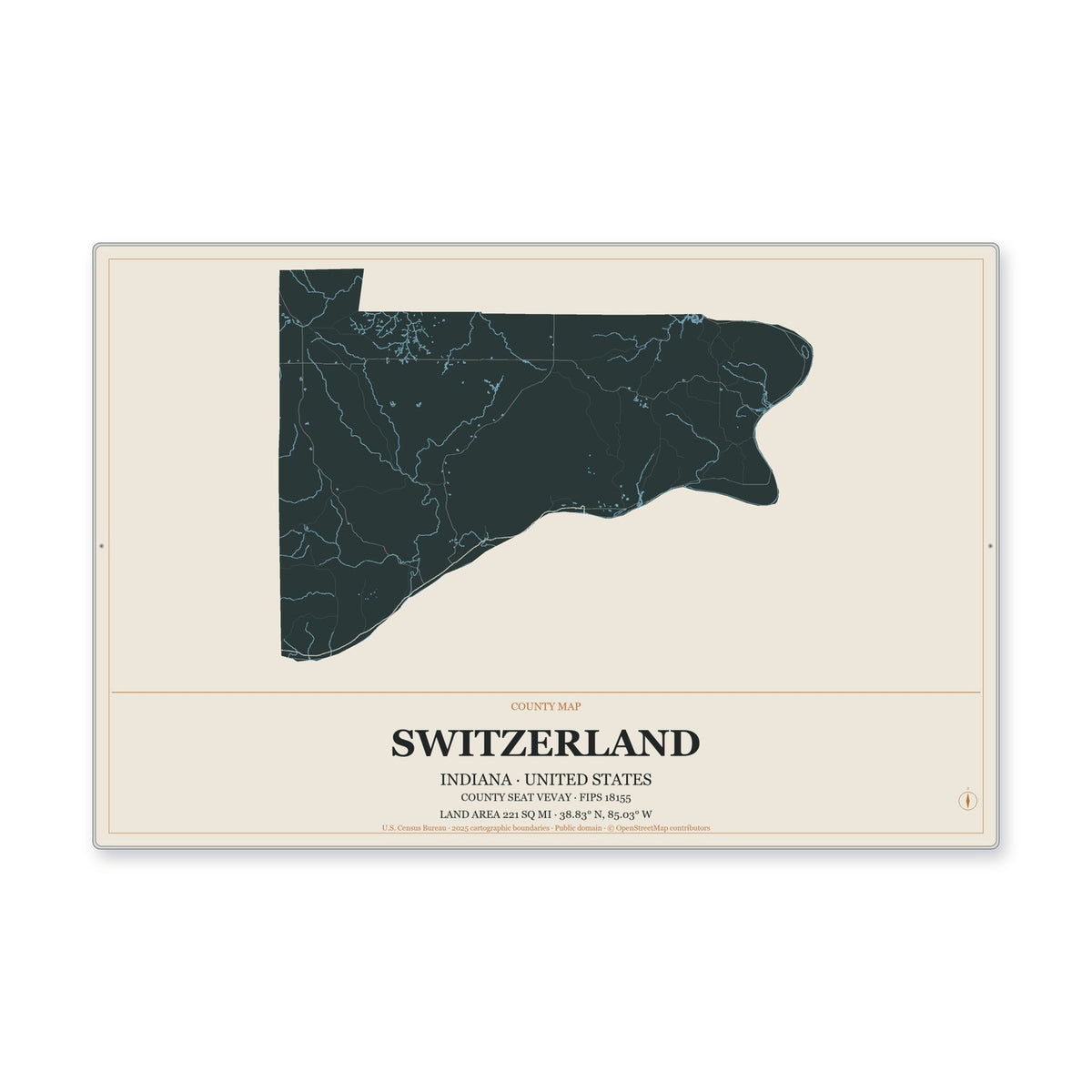 Switzerland County, Indiana Map Aluminum Sign in Headline Atlas style