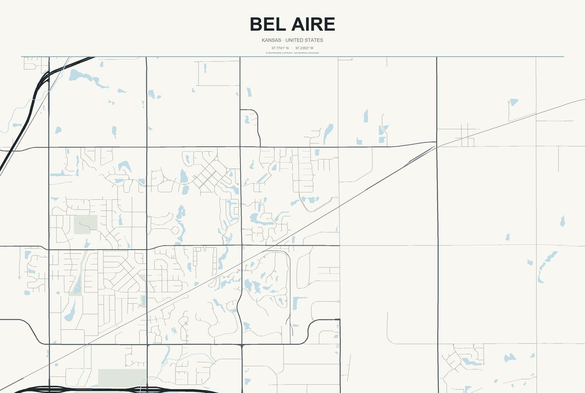 Bel Aire, Kansas City Map Aluminum Sign in Headline Atlas style