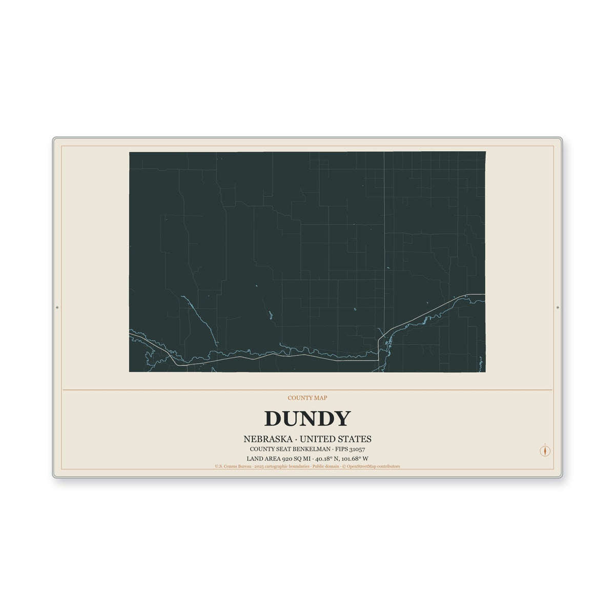 Dundy County, Nebraska Map Aluminum Sign in Headline Atlas style