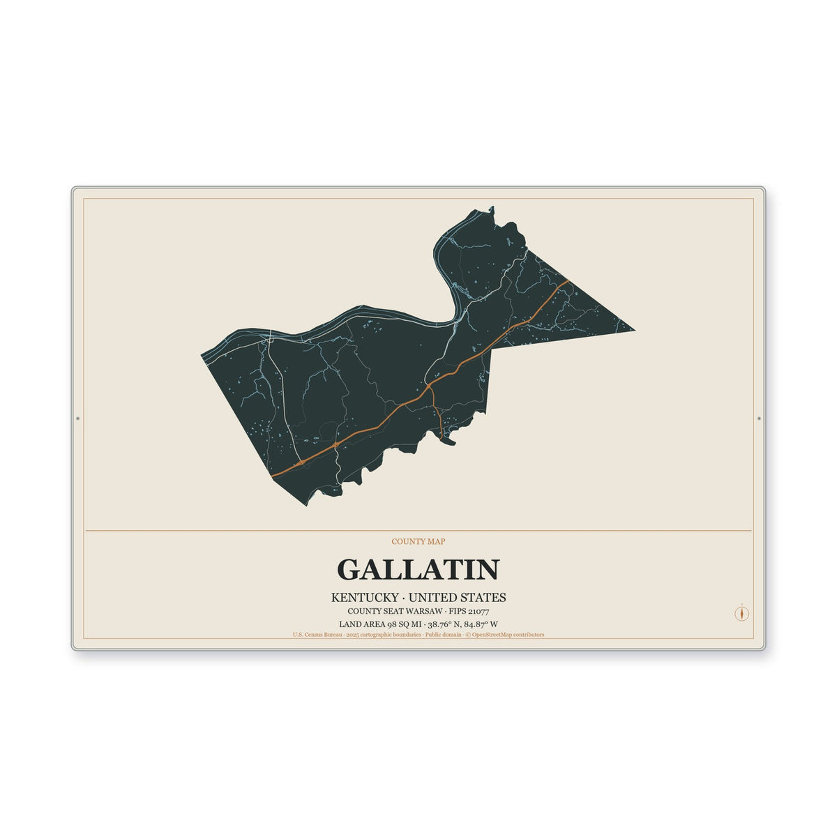 Gallatin County, Kentucky Map Aluminum Sign in Headline Atlas style