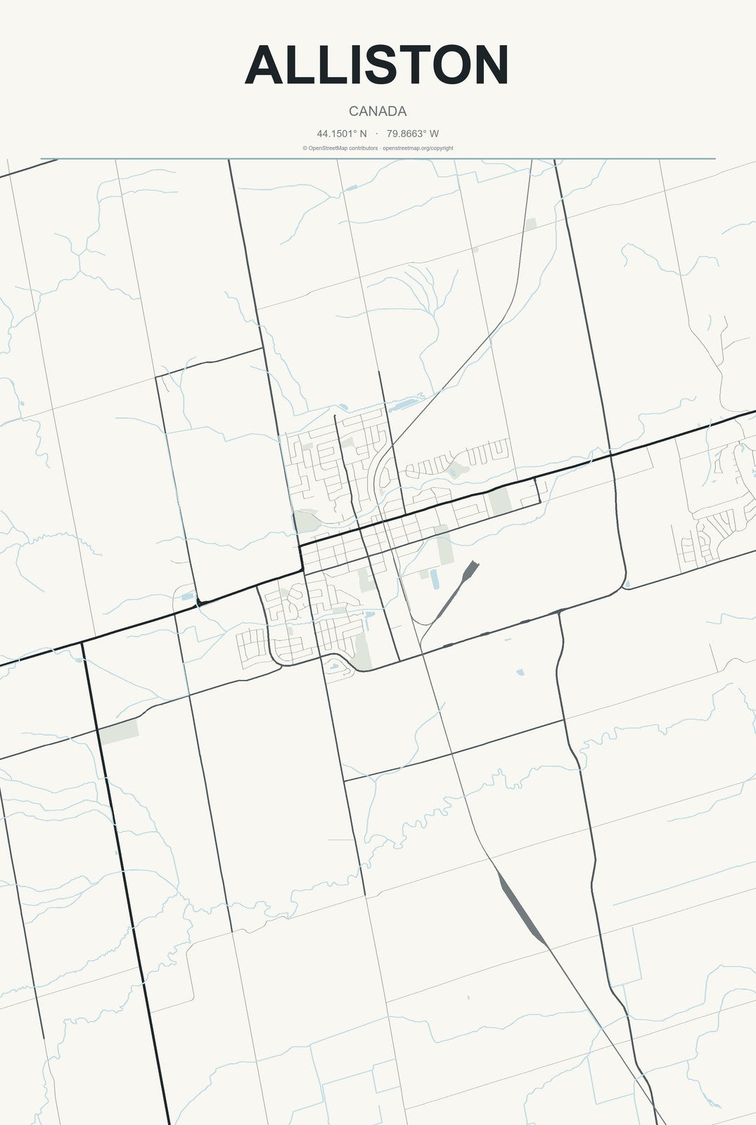 Alliston, Canada City Map Aluminum Sign in Headline Atlas style