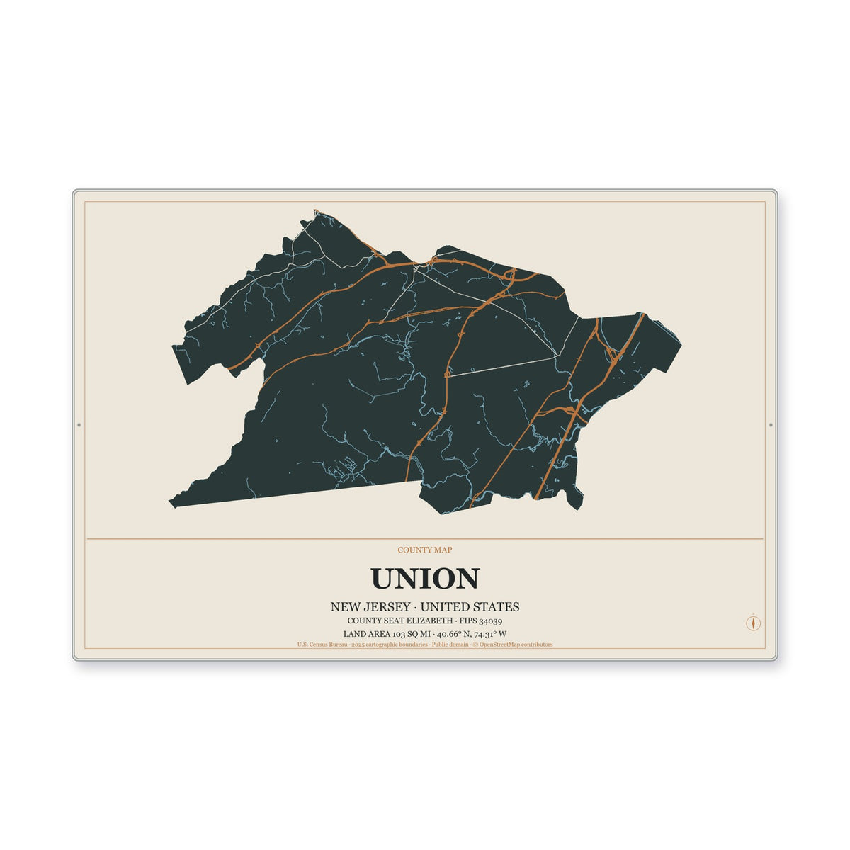 Union County, New Jersey Map Aluminum Sign in Headline Atlas style