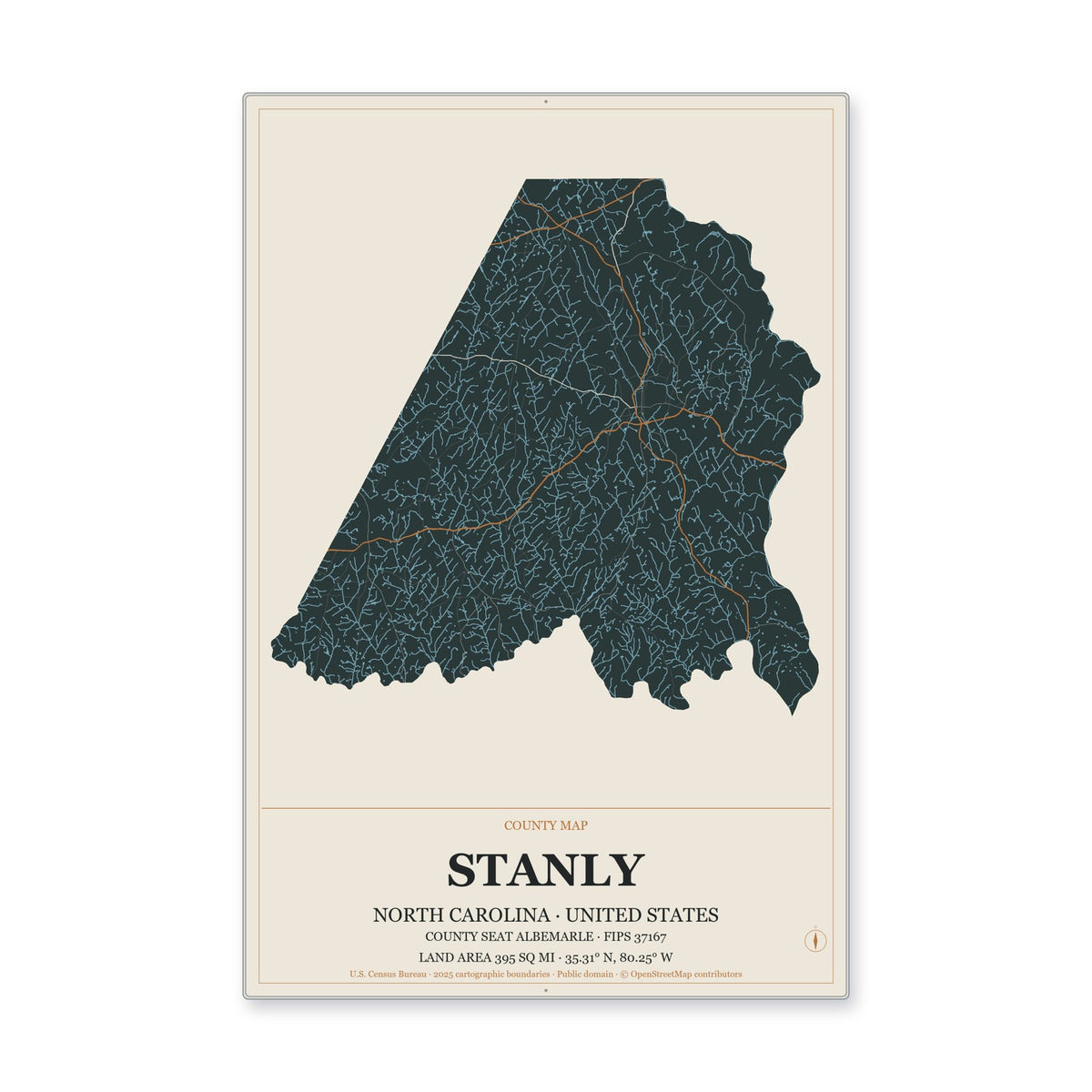 Stanly County, North Carolina Map Aluminum Sign in Headline Atlas style