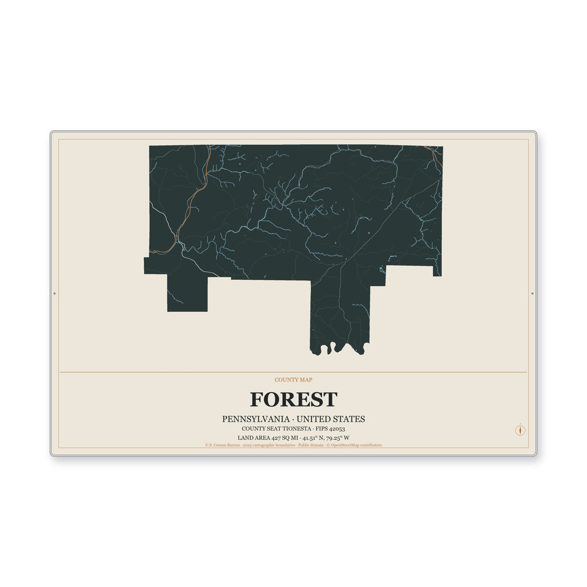 Forest County, Pennsylvania Map Aluminum Sign in Headline Atlas style