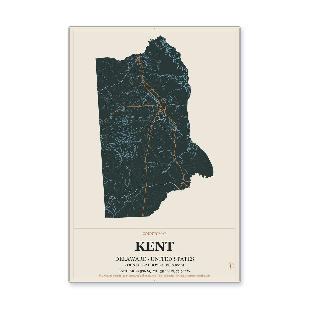 Kent County, Delaware Map Aluminum Sign in Headline Atlas style