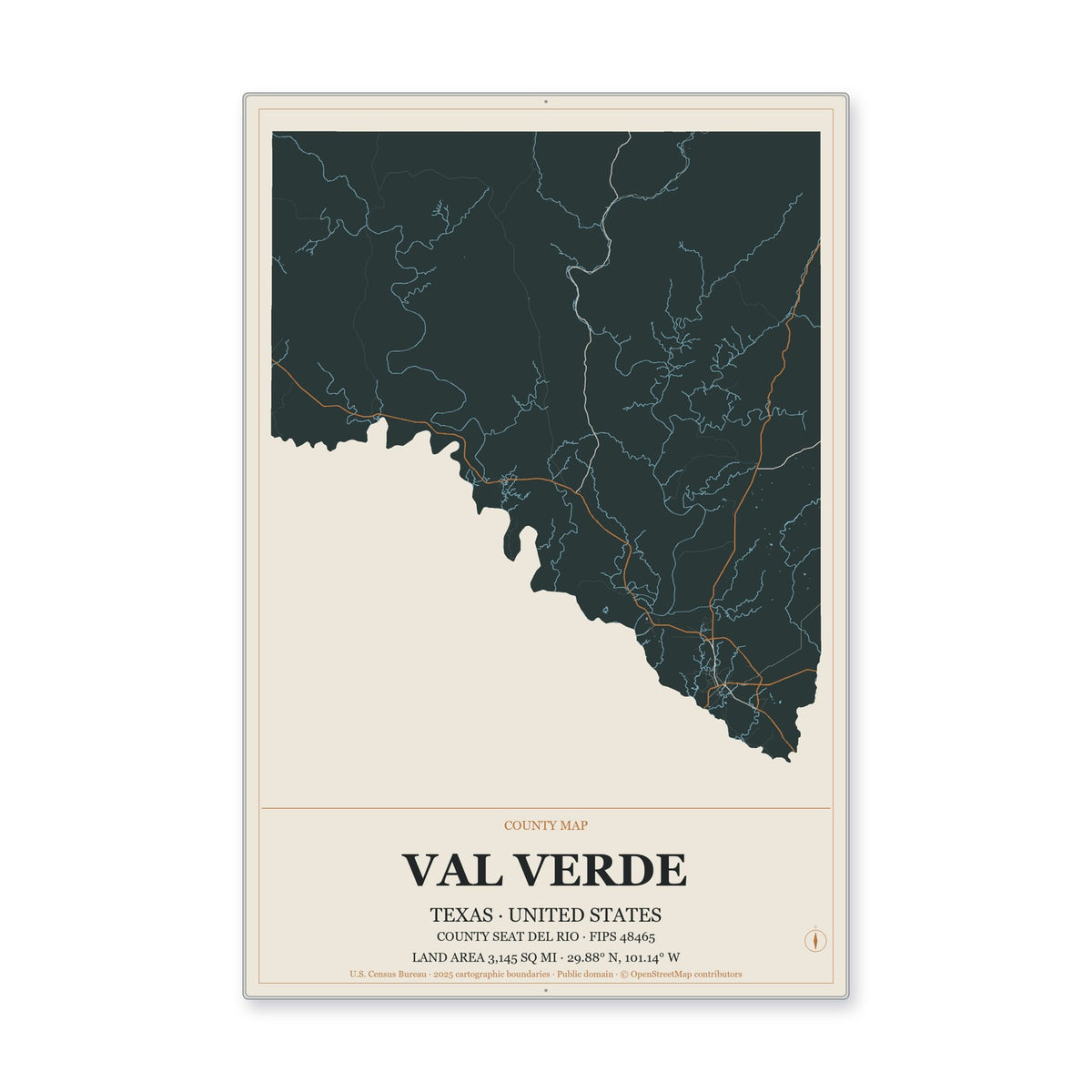 Val Verde County, Texas Map Aluminum Sign in Headline Atlas style