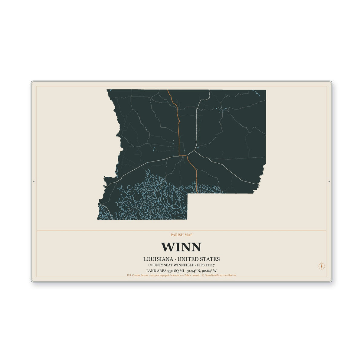 Winn Parish, Louisiana Map Aluminum Sign in Headline Atlas style