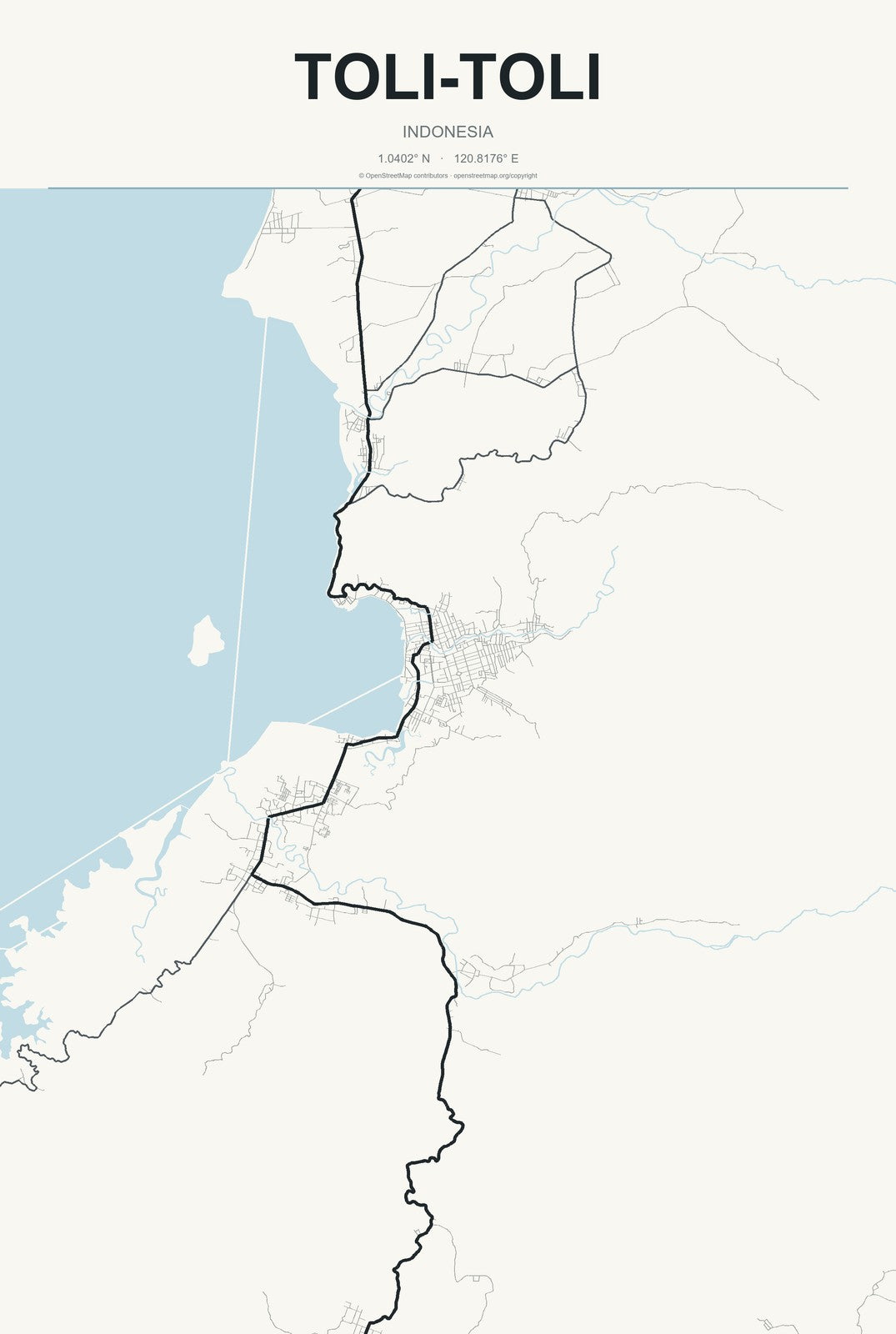 Toli-Toli, Indonesia City Map Aluminum Sign in Headline Atlas style