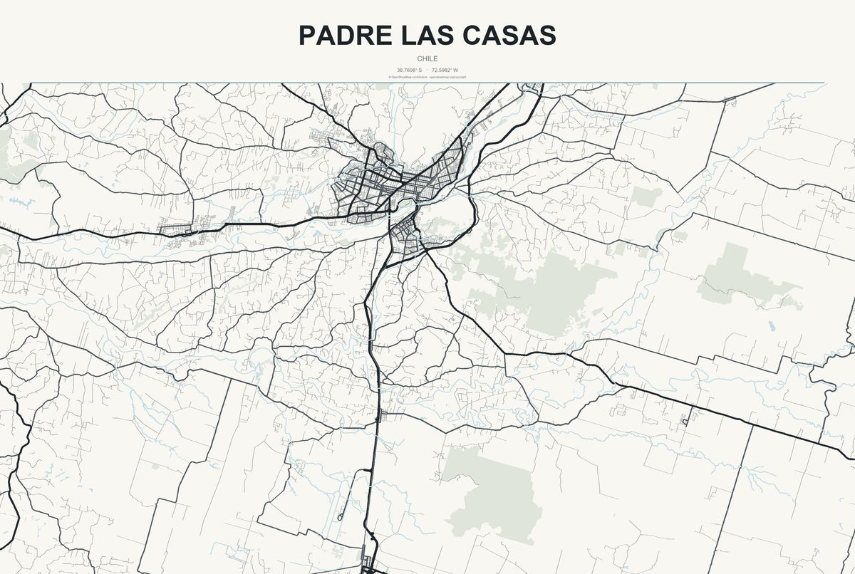 Padre Las Casas, Chile City Map Aluminum Sign in Headline Atlas style