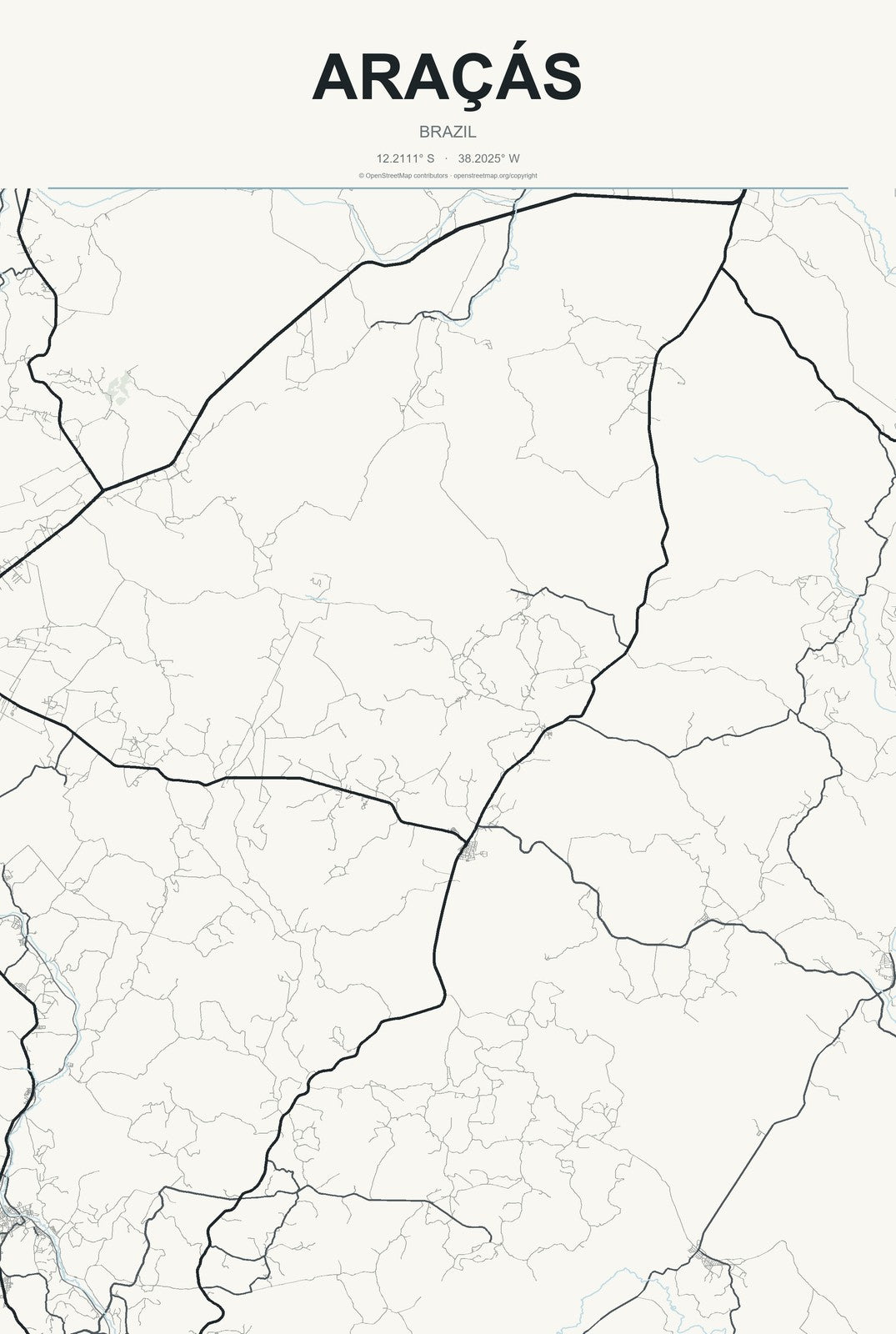 Araçás, Brazil City Map Aluminum Sign in Headline Atlas style