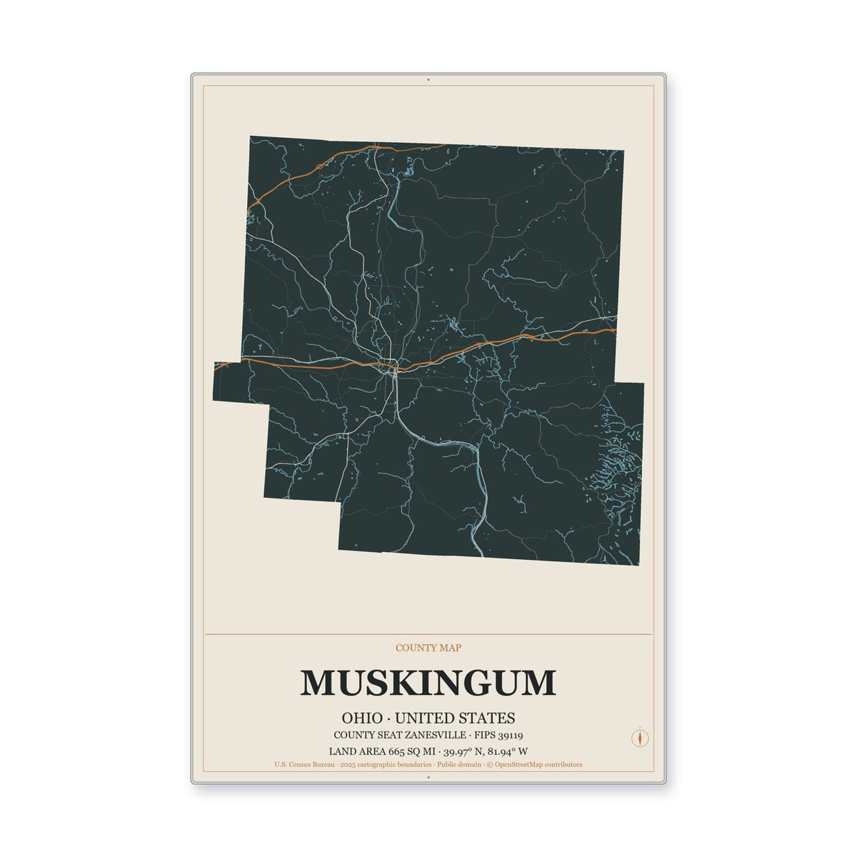 Muskingum County, Ohio Map Aluminum Sign in Headline Atlas style
