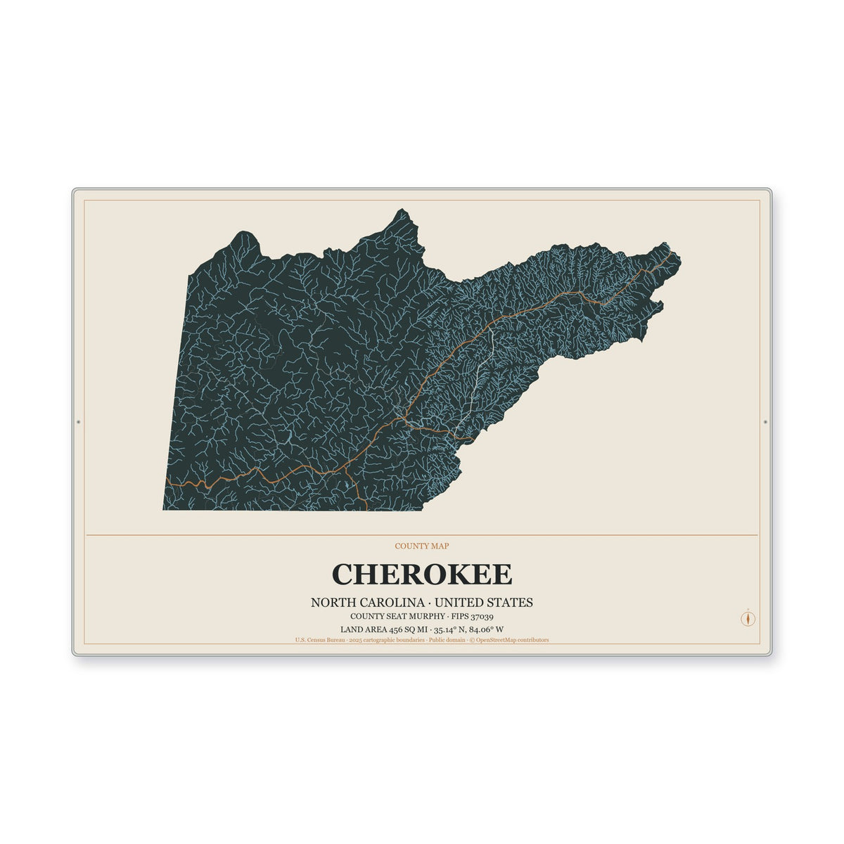 Cherokee County, North Carolina Map Aluminum Sign in Headline Atlas style